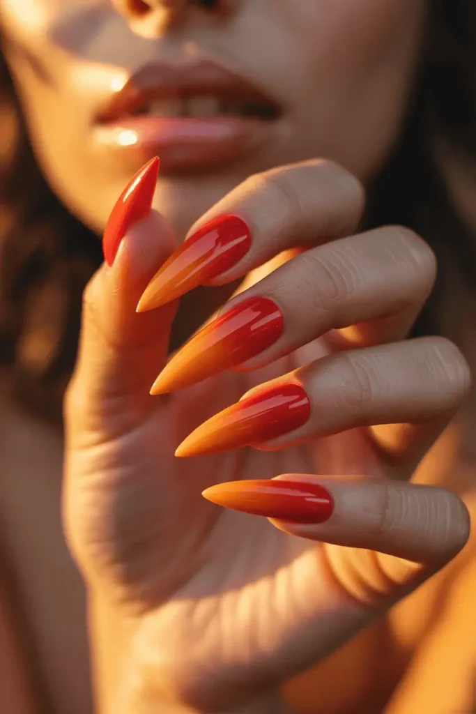 Red to Orange Ombre on Stiletto Nails