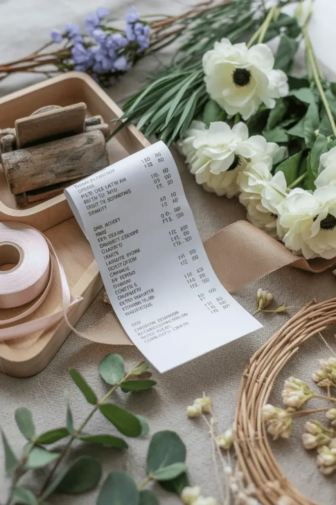 A shopping haul showing budget craft supplies: dollar store faux flowers, thrift store wooden items, clearance ribbon, and natural foraged materials spread on a table with receipt showing low prices. Natural light, practical and accessible styling. The composition celebrates affordable creativity.