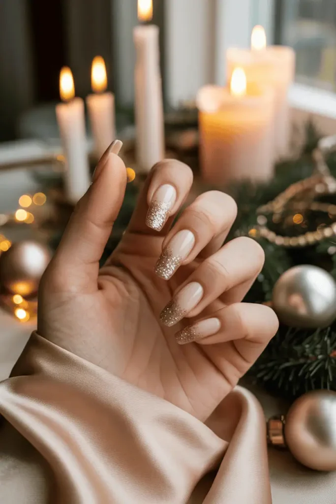 Beige nails fading into champagne glitter at the tips, elegant cozy holiday vibe.