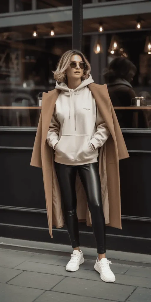 Casual Luxe: Cashmere Hoodie + Leather Leggings + Sneakers