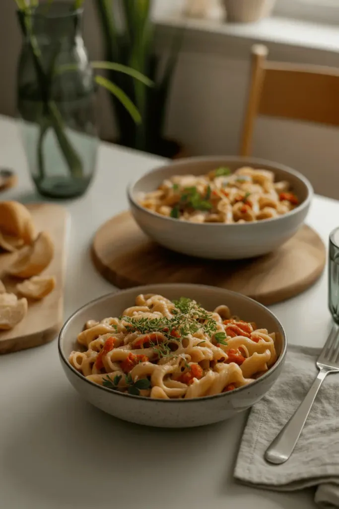 “casual spring weeknight pasta dinner at home, bowls on table, relaxed atmosphere, soft evening light, lifestyle food photography, photorealistic, no text, vertical 2:3”