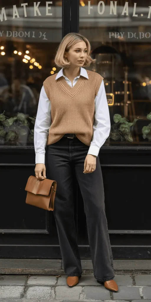 Camel Knit Vest Over White Shirt with Dark Denim