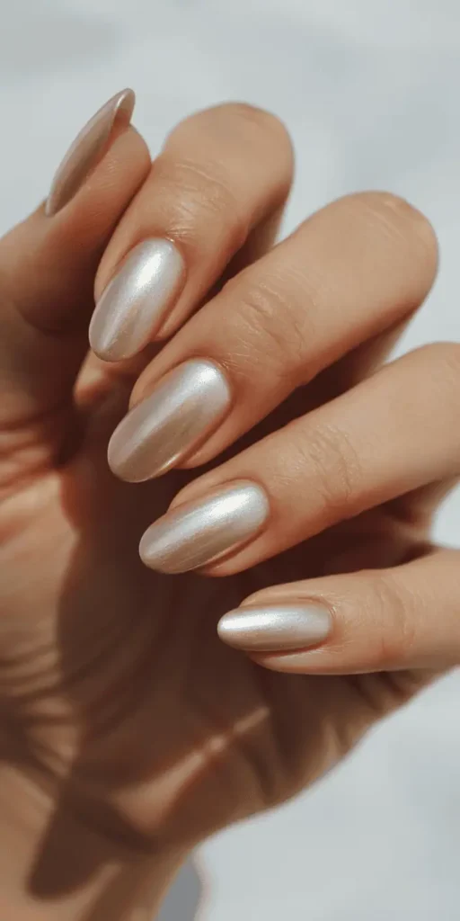 Champagne gold polish with subtle shimmer on almond nails, elegant romantic Valentine's Day manicure