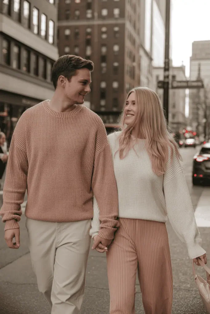 Couple wearing matching soft-toned Valentine outfits in blush, beige, or cream. Walking together on a city street holding hands. Sweet, lifestyle feel with warm romantic tones.