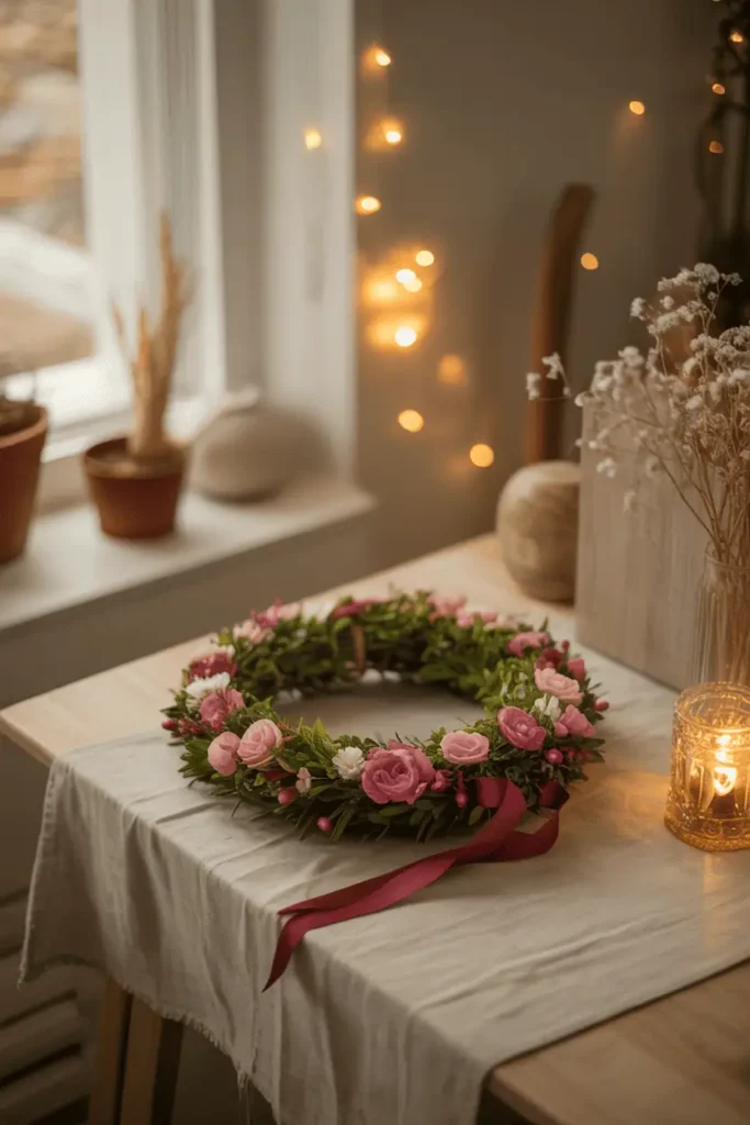 “cozy home scene with finished Valentine’s wreath resting on table, warm afternoon light, calm relaxed atmosphere, handmade decor feel, inviting seasonal mood, realistic photography, no text, 2:3 vertical”