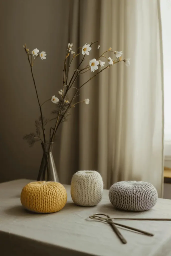 “finished early spring crafts resting casually on a table, calm home interior, gentle afternoon light, peaceful creative mood, handmade seasonal feel, realistic photography, no text, 2:3 vertical”
