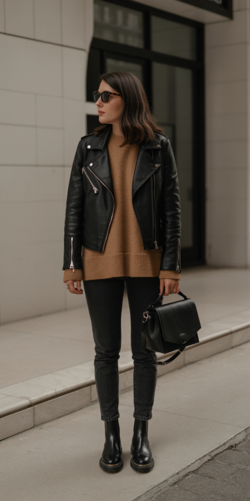 A young woman stands in a well-lit studio, wearing a high-quality black leather jacket with tailored lines and supple texture. Beneath, a soft, lofty cashmere sweater in a neutral beige tone drapes elegantly over her frame. Her dark, slim-fit denim jeans complete the stylish, autumnal look. The lighting is soft and diffused, casting gentle shadows that accentuate the fabric's luxurious sheen. The camera captures the outfit from a mid-body angle, showcasing the balanced proportions and thoughtful layering. The overall mood is one of refined, cozy sophistication - a perfect fall ensemble. Flat lay of a black leather moto jacket layered over a camel cashmere sweater and dark skinny jeans, paired with black Chelsea boots, leather crossbody bag, and sunglasses β moody lighting, edgy chic vibe