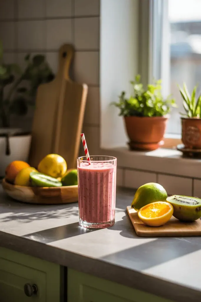 “healthy spring morning smoothie on kitchen counter, glass of smoothie with fresh fruit, sunlight through window, calm fresh atmosphere, lifestyle food photography, photorealistic, no text, vertical 2:3”