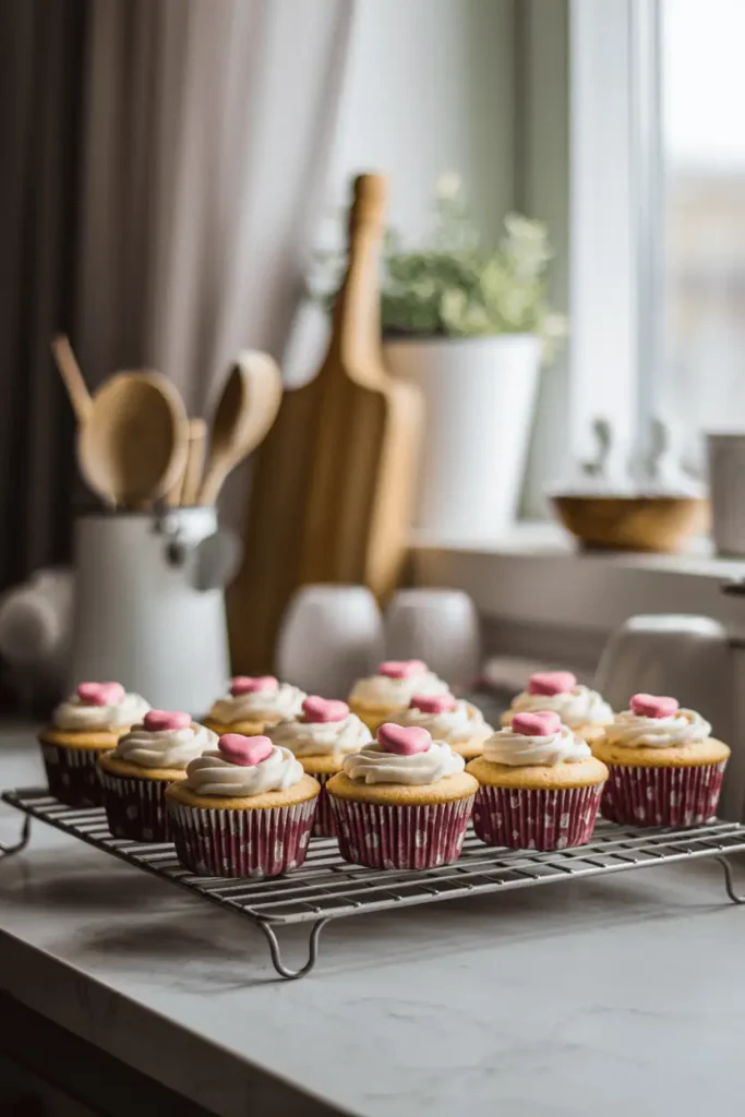 “home baking scene with freshly baked valentine cupcakes cooling on rack, soft daylight through window, cozy kitchen atmosphere, lifestyle food photography, photorealistic, no text, vertical 2:3”
