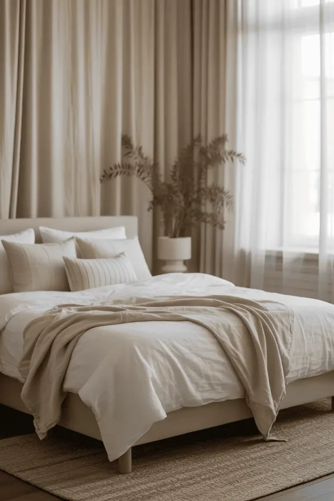 “inviting spring bedroom scene with soft morning light, airy curtains, layered neutral bedding, peaceful calm mood, cozy but uncluttered, lifestyle editorial photography, realistic, no text, 2:3 vertical”