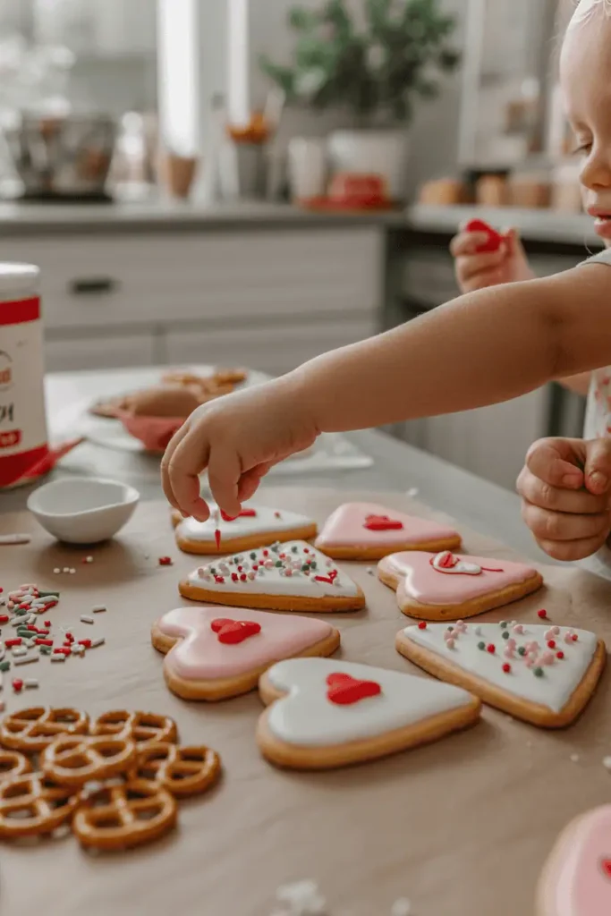 “kids hands decorating Valentine treats on a kitchen table, sprinkles scattered, cookies and pretzels visible, joyful cozy atmosphere, natural daylight, lifestyle food photography, no text, vertical 2:3”