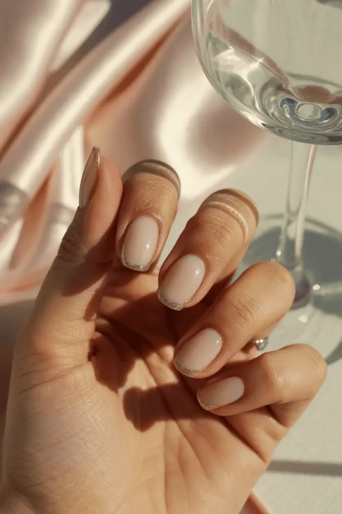 Milky nude nails with fine glitter line at edge, soft focus, golden glow.