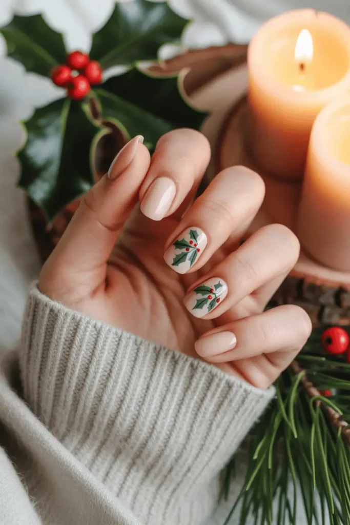 Neutral nails with green holly leaves and red berries on one accent nail, cozy holiday scene.
Pinterest hero photo, warm daylight, cozy neutral tones, props: holly leaves, pine branches, candles.
