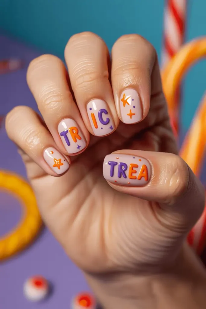 Nude nails with bold orange and purple polish spelling out “Trick” and “Treat.” Accent stars and candy details. Playful, styled with candy props in background.