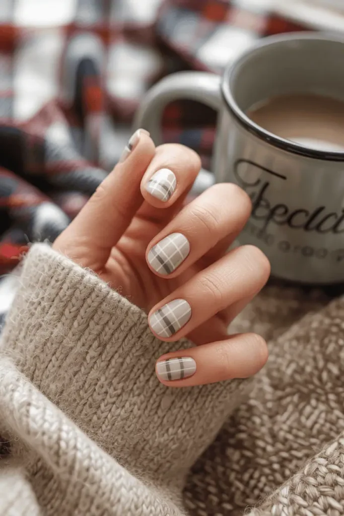 Nude nails with gray and white plaid lines, cozy flannel background.
Pinterest hero photo, warm daylight, soft focus, props: flannel blanket, mug, knit textures.