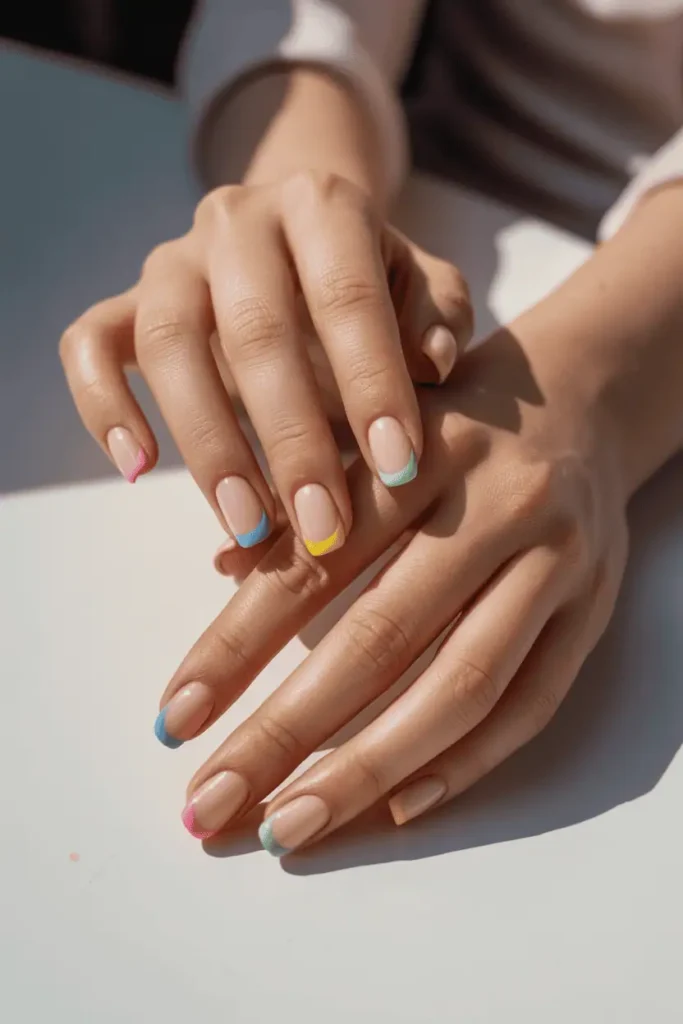 nude nails with pastel-colored French tips (pink, blue, yellow, mint), realistic hands, soft warm daylight, minimal composition, bright fresh spring mood