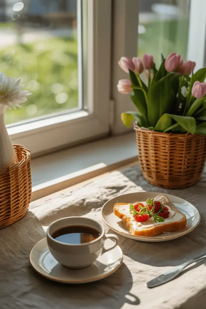“quiet spring morning breakfast moment at home, coffee cup and breakfast on table, sunlight through window, peaceful lifestyle food photography, photorealistic, no text, vertical 2:3”