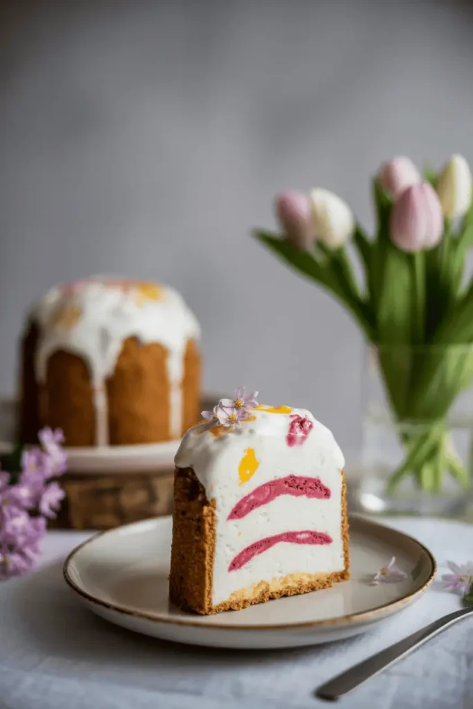 “relaxed easter dessert moment at home, plate with dessert, spring flowers, soft daylight, cozy festive atmosphere, lifestyle food photography, photorealistic, no text, vertical 2:3”