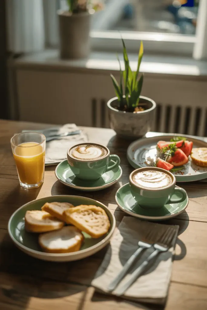 “relaxed spring brunch morning scene, coffee cups plates with leftover brunch food, sunlight streaming in, calm cozy atmosphere, lifestyle food photography, photorealistic, no text, vertical 2:3”