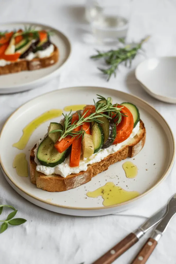 “ricotta toast topped with roasted vegetables, light olive oil drizzle, fresh herbs, bright spring lighting, minimalist lunch styling, clean white background, professional food photography, photorealistic, no text, vertical 2:3”