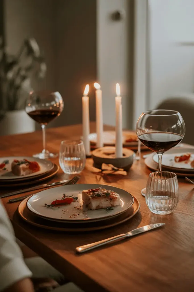 “romantic candlelit dinner at home, partially eaten plates, wine glasses, soft focus background, intimate cozy atmosphere, realistic lifestyle food photography, photorealistic, no text, vertical 2:3”