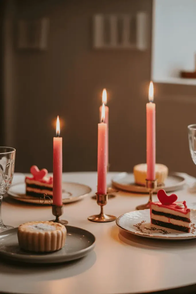 “romantic dessert table setting with candles, plates, and leftover Valentine desserts, soft evening light, cozy intimate atmosphere, professional lifestyle food photography, no text, 2:3 vertical”