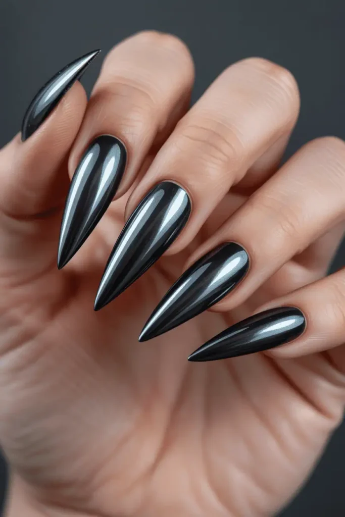 Black Chrome on Stiletto Nails
