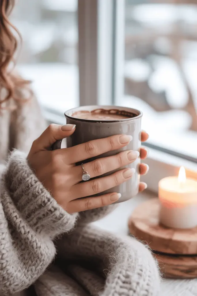 Soft milky white manicure holding a mug of hot cocoa, fuzzy knit sweater in frame, natural window light.