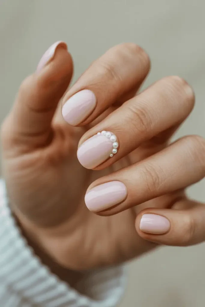 soft pastel nails with tiny pearl accents on accent nails, elegant spring manicure, glossy finish, short to almond nails, feminine aesthetic, natural lighting, neutral background, professional nail photography, pinterest vertical 2:3, no text