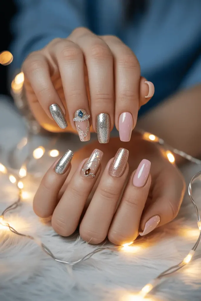 sparkling silver, soft pink, and jewel-tone nails with tiara-inspired accents, elegant festive background, soft glowing lights, realistic hands