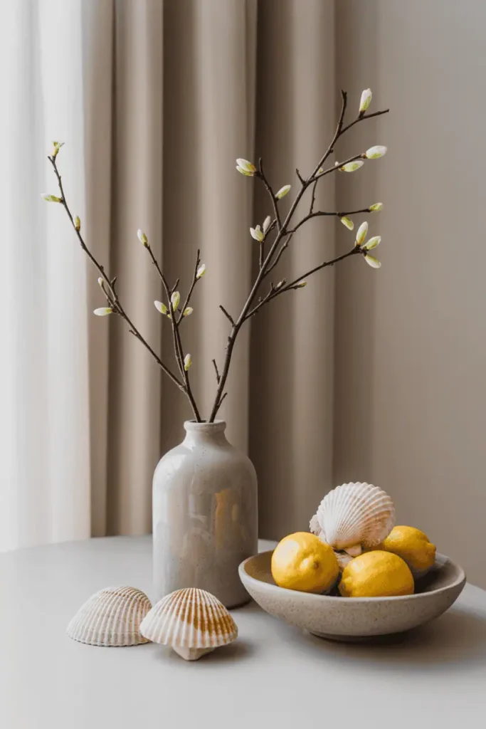 “spring nature accents displayed indoors, branches with new buds in vase, bowl of lemons or seashells, soft natural light, minimal aesthetic, realistic home decor photography, no text, 2:3 vertical”