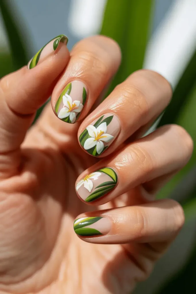 tropical lily inspired nail art, bright white lily petals on sheer glossy nails, lush green accents, high shine finish, humid tropical atmosphere, soft sunlight, botanical luxury aesthetic, editorial beauty photography, macro nail detail, pinterest vertical 2:3 ratio, no text