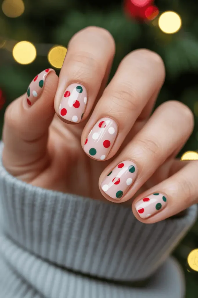 white or nude base nails with polka dots in red green white, fun cheerful holiday pattern, cozy Christmas dΓ©cor, soft warm light, realistic hands