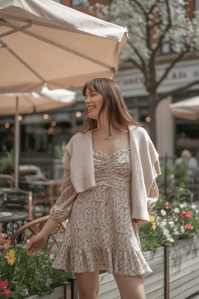 Woman wearing a floral or pastel mini dress with a soft cream cardigan draped over shoulders. Standing in a café garden with spring flowers and warm daylight.