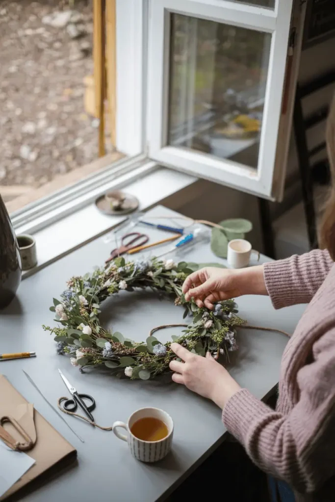 A cozy crafting moment on a March afternoon: hands working on a spring wreath at a table near an open window with fresh air and natural light streaming in. Craft supplies scattered around, a cup of tea nearby. The scene captures the seasonal transition and creative process. Warm, intimate, lifestyle photography.