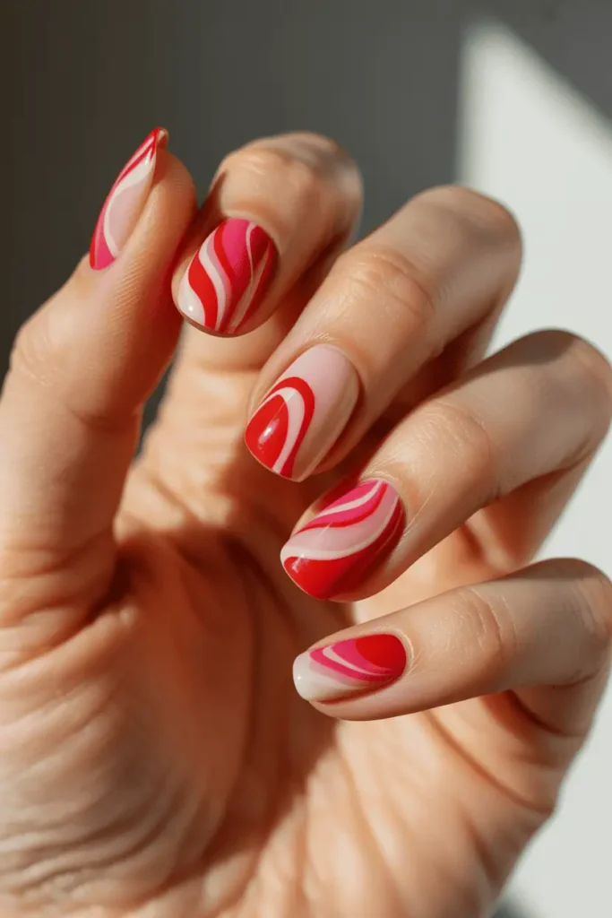 abstract red, pink, and white swirl nails, glossy finish, soft warm background, natural hand pose, artistic Valentine aesthetic, high realism