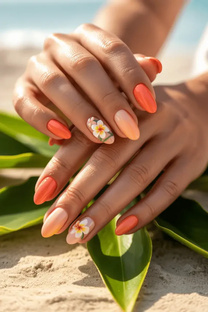 Coral to Peach Ombre on Oval Nails