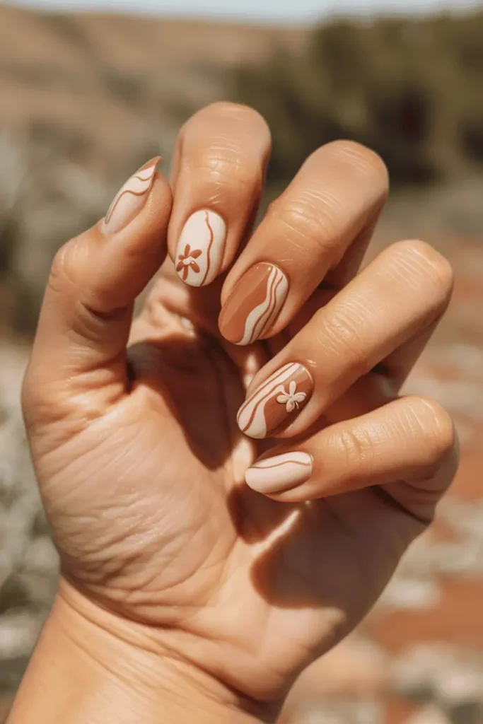 boho western nail art, earthy neutral nails with abstract lines and soft florals, warm terracotta beige and cream tones, relaxed artistic style, sunlit desert background, bohemian cowgirl aesthetic, editorial beauty photography, pinterest vertical 2:3 ratio, no text