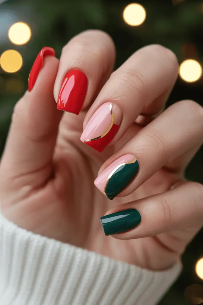 bold modern nails with red pink green color-block shapes and gold lines, bright graphic holiday design, cozy warm background, festive lighting, realistic hands