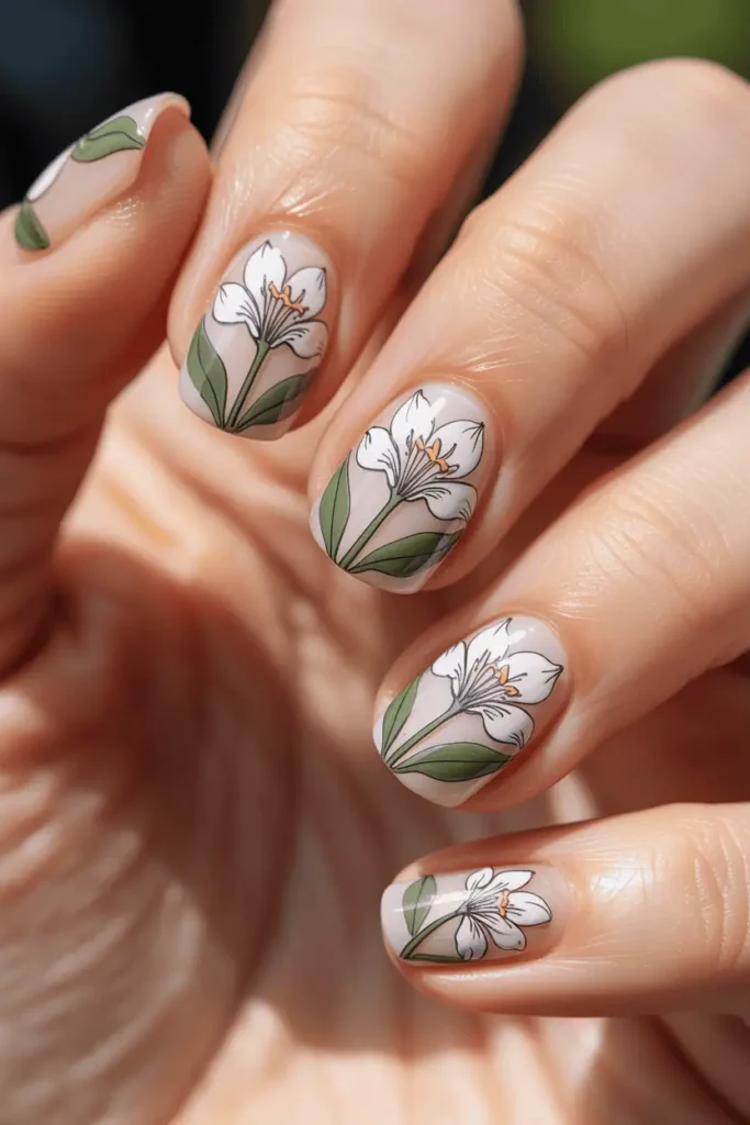 botanical nail art inspired by lily flowers and leaves, fine line floral illustrations on sheer nails, soft green stems, white petals, subtle shimmer, clean editorial aesthetic, natural daylight, macro nail photography, pinterest vertical 2:3 ratio, no text