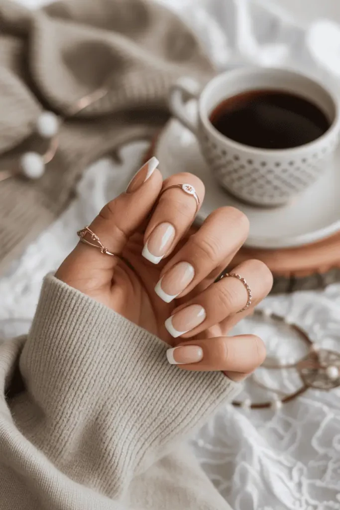 Classic nude nails with white or beige French tips, cozy neutral setting.