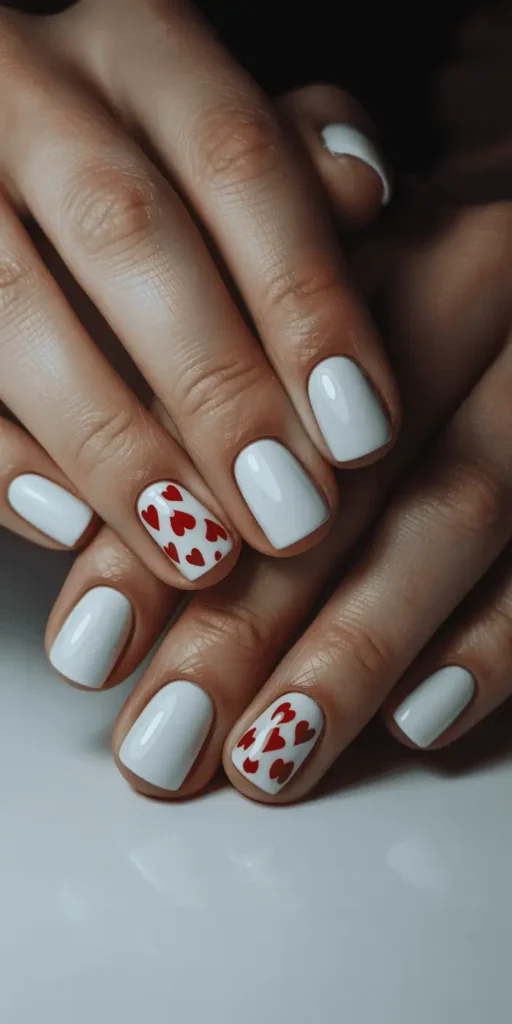 Crisp white nails with small red hand-painted hearts on accent nails, graphic modern Valentine's Day manicure