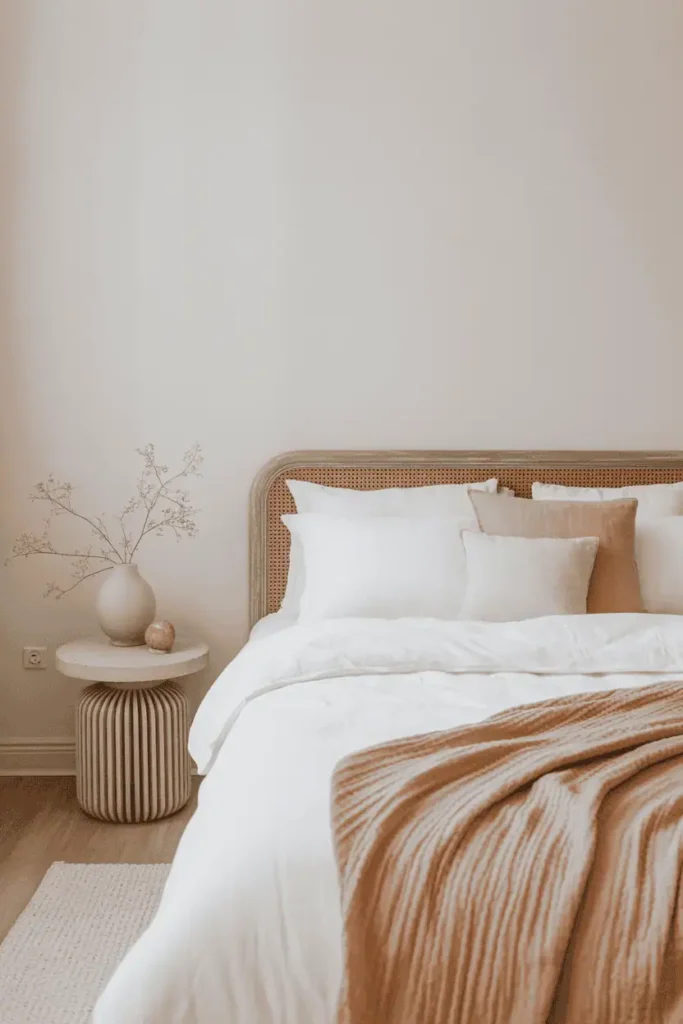 “cohesive spring bedroom color palette, warm white bedding, one soft accent color, natural textures, balanced minimal styling, airy daylight, calm luxury interior photography, no text, 2:3 vertical”