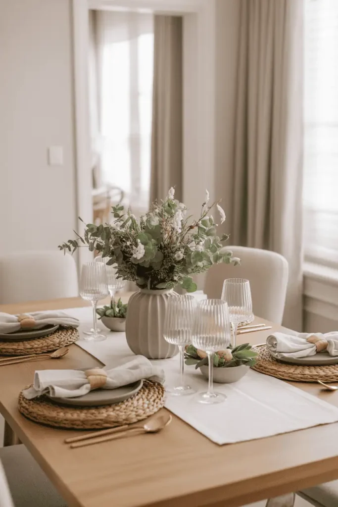 “early Easter table transitioning toward spring, neutral base with greenery and a few pastel accents, flexible styling, light-filled dining room, calm seasonal evolution feel, realistic interior photography, no text, 2:3 vertical”