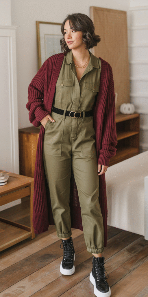 A well-fitted utility jumpsuit in a neutral tone, worn with a chunky, oversized cardigan in a warm, autumnal shade. The jumpsuit has a slightly relaxed silhouette, with roomy pockets and a zipper closure. The cardigan is a rich, textured knit that envelops the figure, creating a cozy, layered look. Soft, diffused lighting from above casts gentle shadows, accentuating the fabrics' depth and materiality. The setting is a clean, minimalist interior, with wooden floors and muted walls, allowing the outfit to be the focal point. An inviting, effortless autumn aesthetic. Fall utility jumpsuit (olive or burgundy) with thick knit cardigan layered over, combat boots or white sneakers, statement belt and minimalist gold jewelry β rustic wooden floor background, cozy fall morning vibe