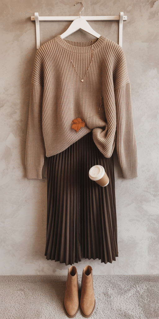 Autumn midi skirt in warm brown hues, flowing gently in a light breeze. Paired with a cozy knit sweater in a complementary tone, casually tucked at the waist. Sleek ankle boots in rich black leather complete the polished yet effortless look. Soft, diffused lighting casts a golden glow, highlighting the textures and creating a mood of crisp, inviting fall. The scene is framed from a slightly elevated angle, drawing the eye to the harmonious color palette and elegant silhouette of the outfit. Feminine fall outfit styled on hanger or flat lay: pleated midi skirt (brown or deep green), soft sweater partially tucked, tan ankle boots, dainty gold jewelry β cozy and stylish, styled with a fall leaf or coffee cup