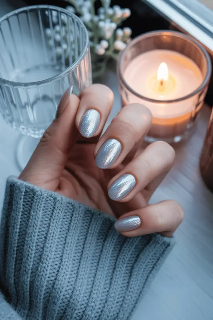 Iridescent shimmer nails in silver-blue tones, winter twilight glow.
Pinterest hero photo, calm light blue and silver palette, cool light, props: glass, candle, cozy wool.