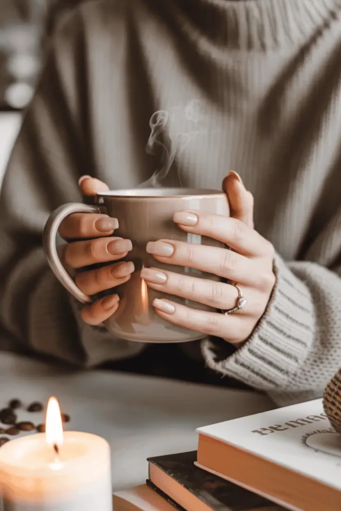 Latte-colored nails holding coffee mug, steam visible, neutral sweater backdrop.