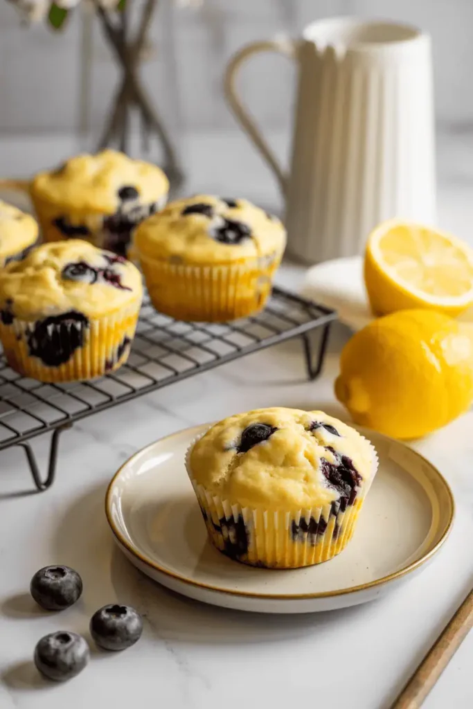 “lemon blueberry muffins on cooling rack and plate, fresh blueberries visible, soft natural light, spring morning atmosphere, clean styling, professional food photography, photorealistic, no text, vertical 2:3”