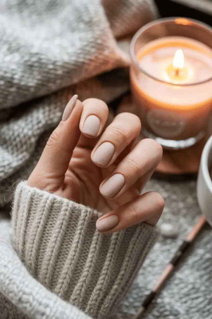 Matte nude nails with frosted finish, warm cozy background.